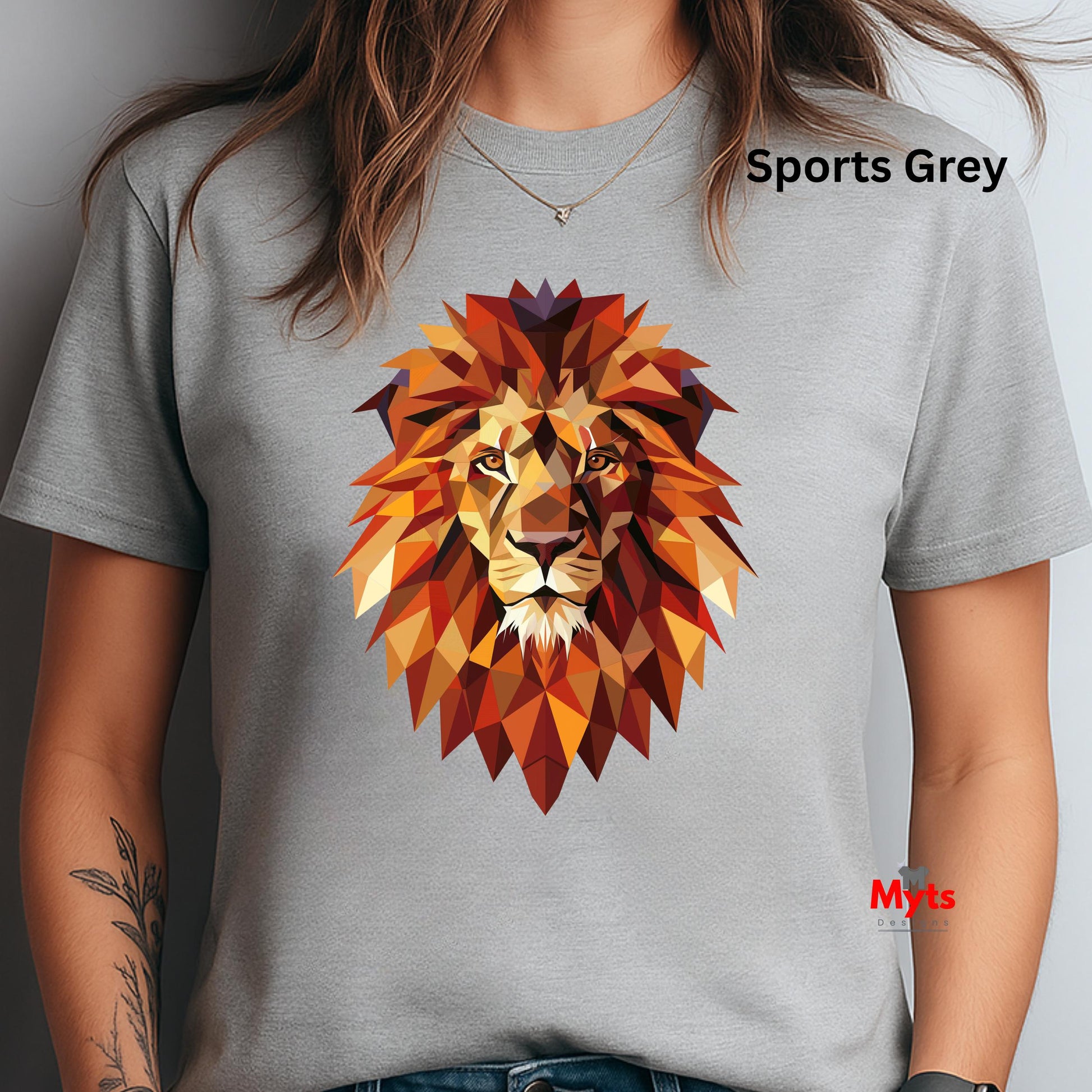 Gray t-shirt with a colorful lion graphic and 'Sports Grey' text.