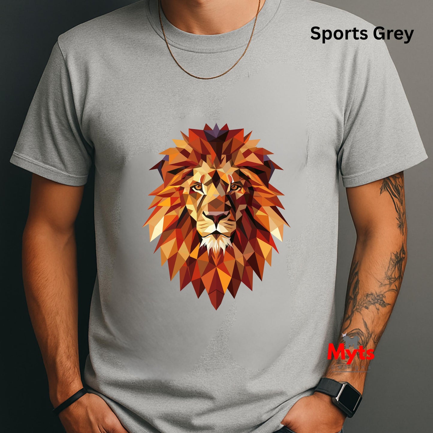 Gray t-shirt with a colorful lion graphic on a dark background