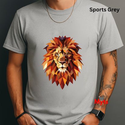Gray t-shirt with a colorful lion graphic on a dark background