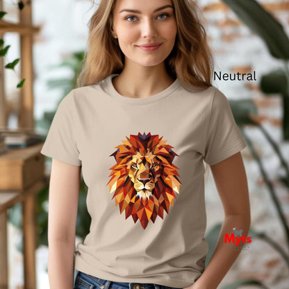 Woman wearing a beige t-shirt with a colorful lion graphic in an indoor setting.