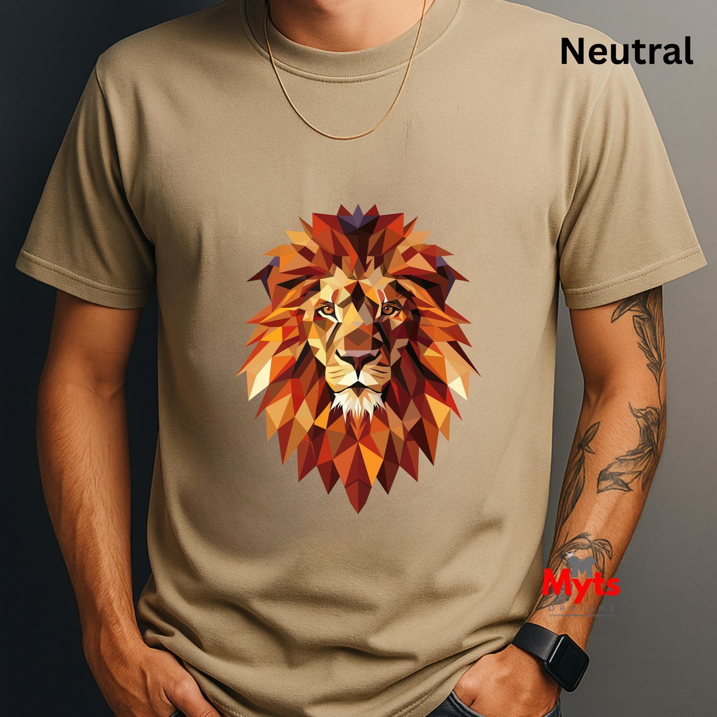 Neutral t-shirt with a colorful lion graphic on a neutral background