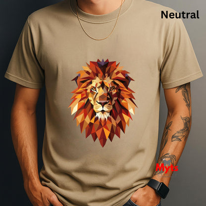 Neutral t-shirt with a colorful lion graphic on a neutral background