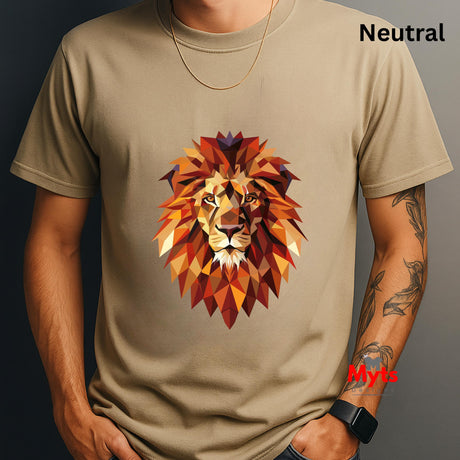 Neutral t-shirt with a colorful lion graphic on a neutral background