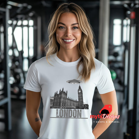 Front view of a young girl wearing a White soft casual tee featuring London’s Big Ben and Parliament skyline with a stylized spaceship hovering above, printed on ultra-soft Gildan 64000 cotton.