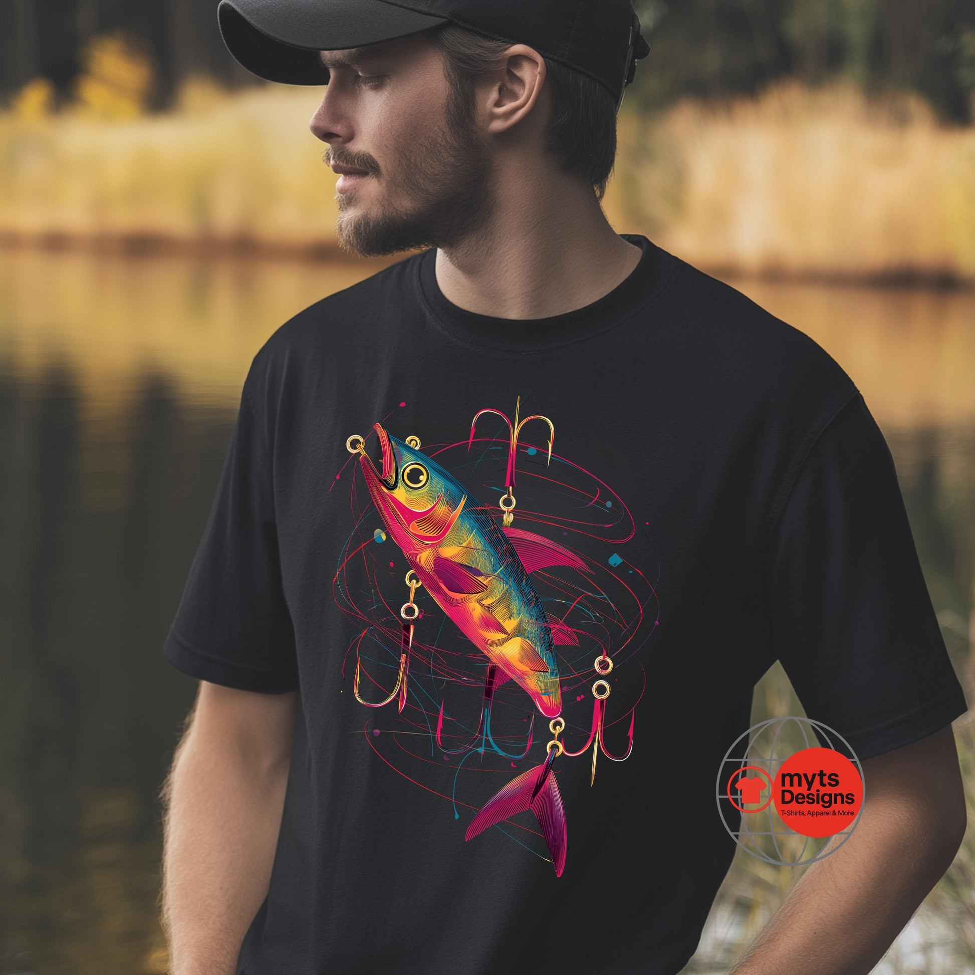 Man wearing a black t-shirt with a colorful fish design outdoors by a lake.