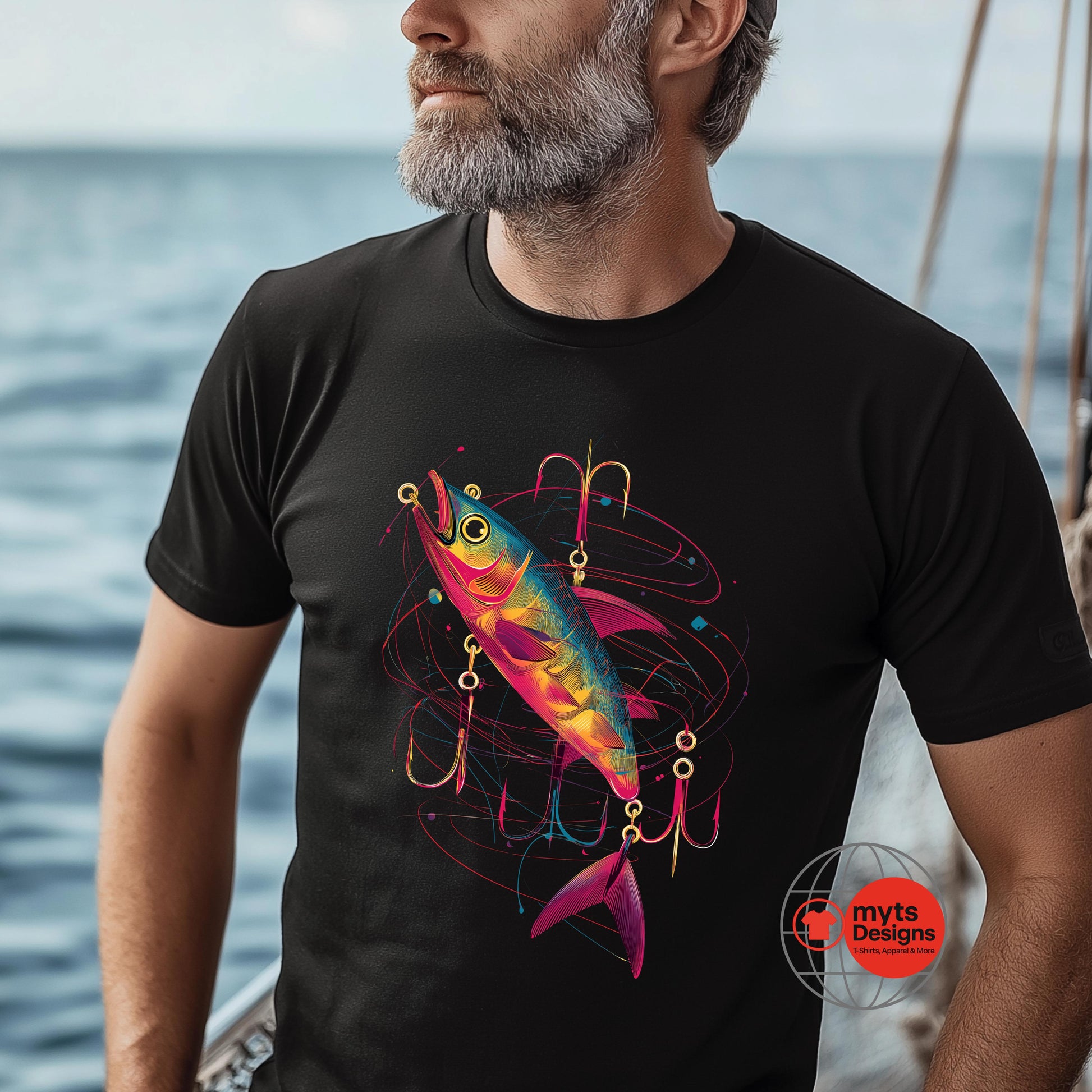 Man wearing a black t-shirt with a colorful fish design by the water