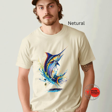 Man wearing a beige t-shirt with a colorful fish design on a light gray background