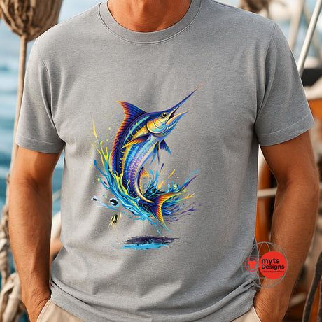 Person wearing a gray t-shirt with a colorful marlin design on a boat.