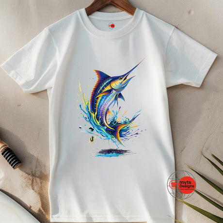 White t-shirt with a colorful fish design on a beige surface