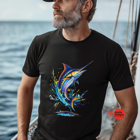 Man wearing a black t-shirt with a colorful marlin design on a boat.