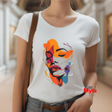 Person wearing a white t-shirt with a colorful abstract design, standing in an indoor setting.