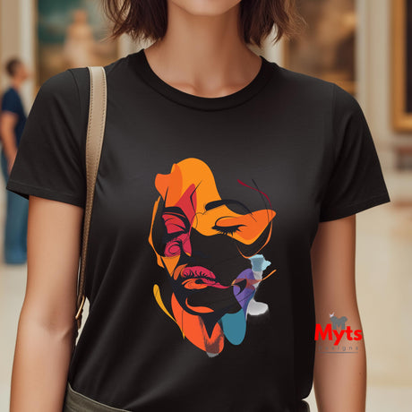Person wearing a black t-shirt with colorful abstract design in an indoor setting