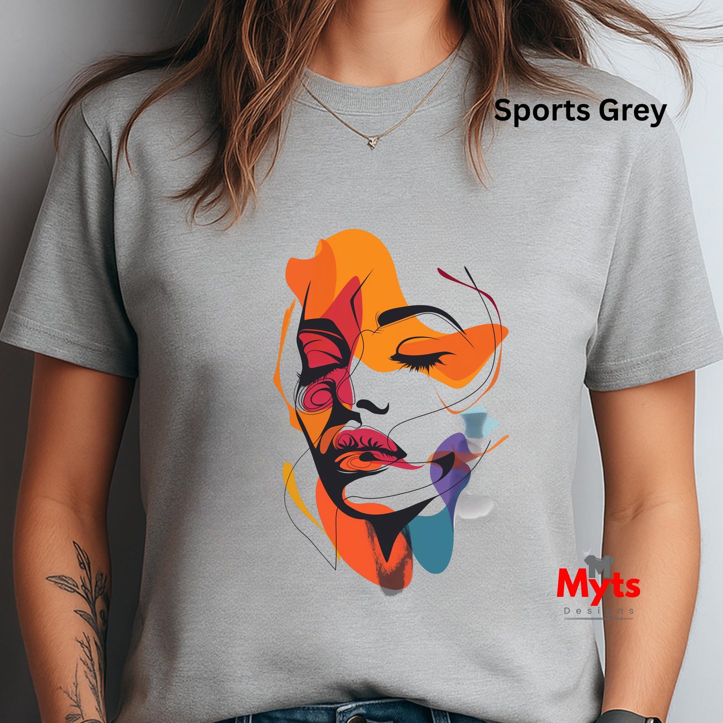 Gray t-shirt with colorful abstract face design and 'Myts' branding.