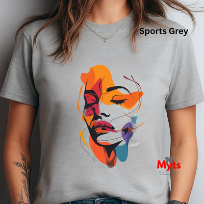 Gray t-shirt with colorful abstract face design and 'Myts' branding.