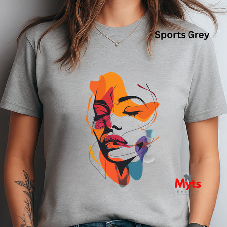 Gray t-shirt with colorful abstract face design and 'Myts' branding.
