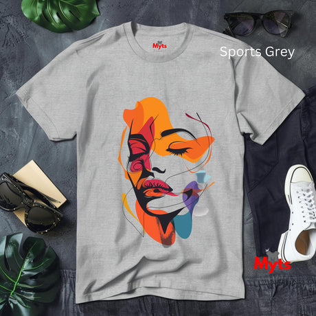 Gray t-shirt with colorful abstract design on a textured surface with accessories.
