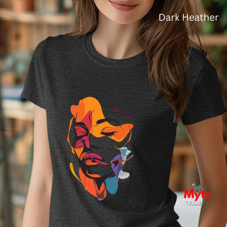 Person wearing a dark Heather t-shirt with a colorful graphic design, brand 'Myts' visible.