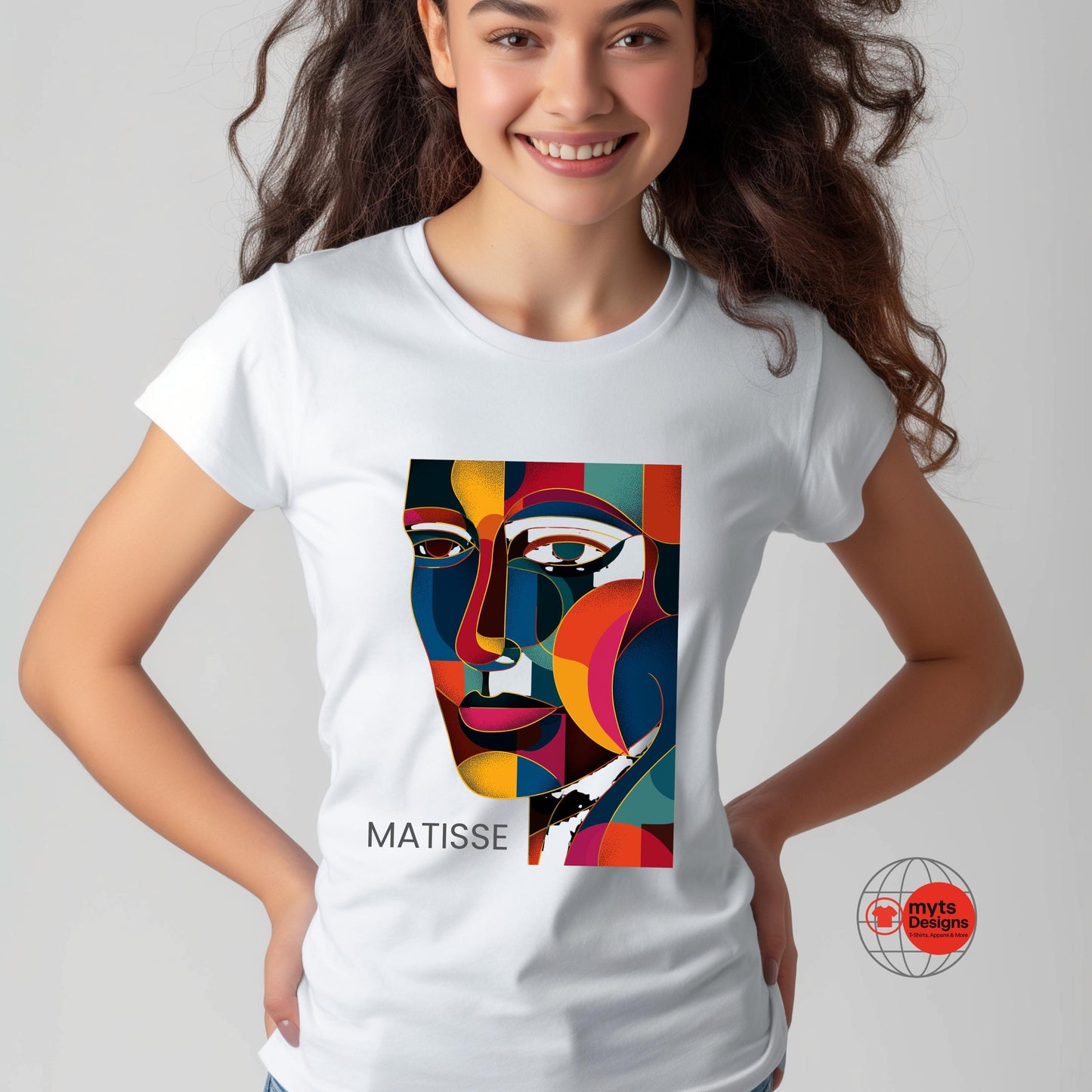 Person wearing a white t-shirt with a colorful art design and 'Matisse' text on a gray background.
