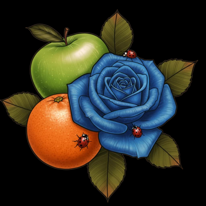 Blue rose, green apple, and orange with ladybugs on a black background