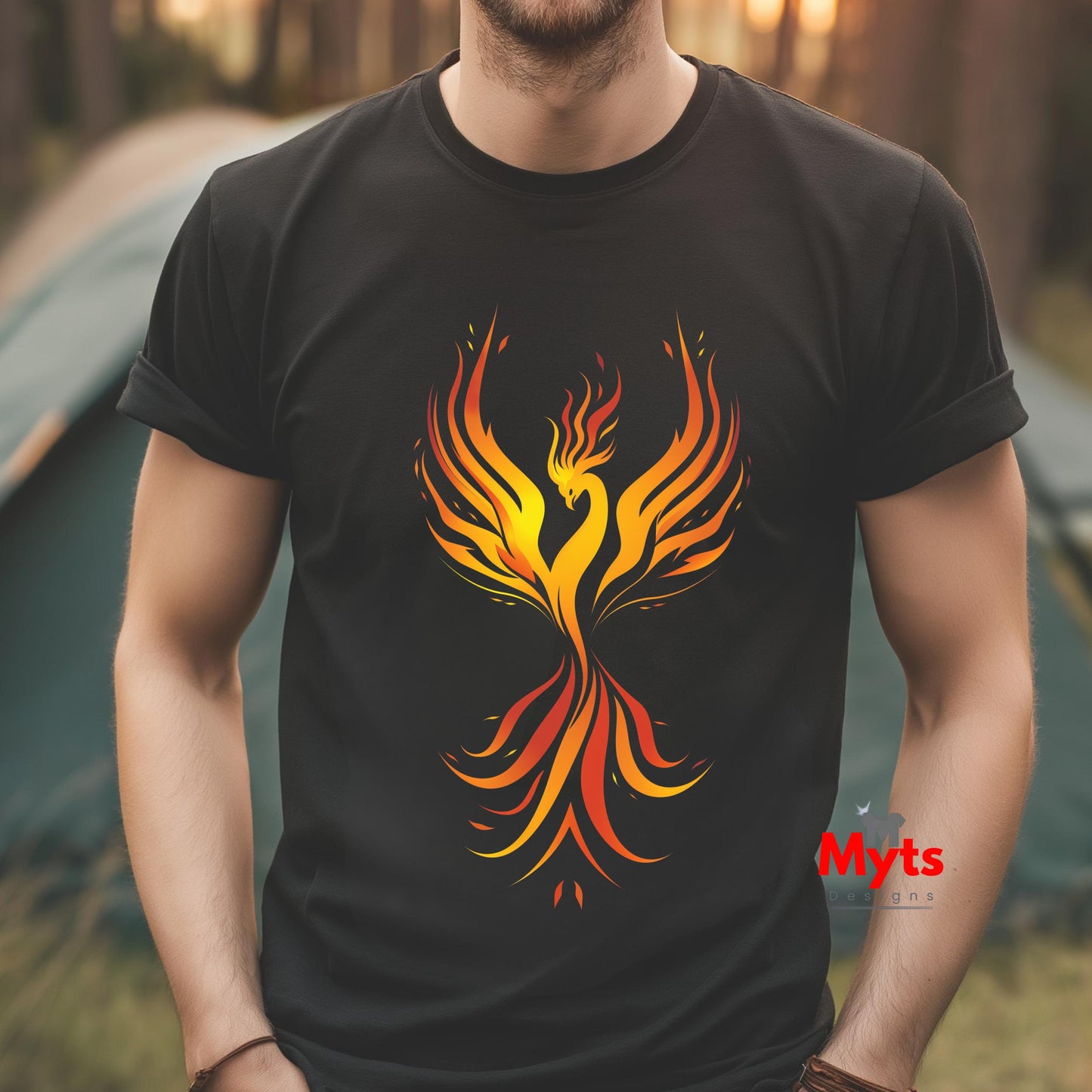 Person wearing a black t-shirt with a colorful phoenix design and 'Myts' branding.