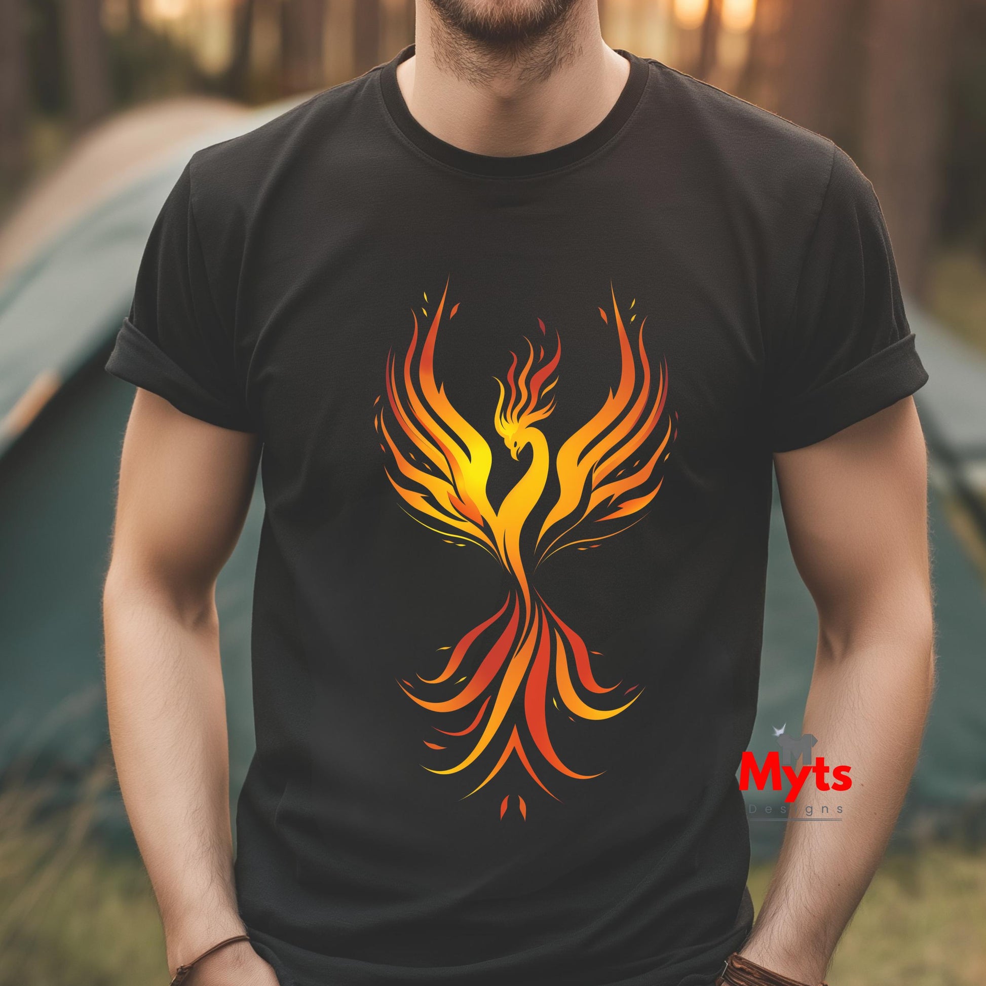 Person wearing a black t-shirt with a colorful phoenix design and 'Myts' branding.