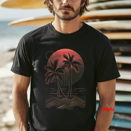 Man wearing a black t-shirt with a palm tree design on a beach.