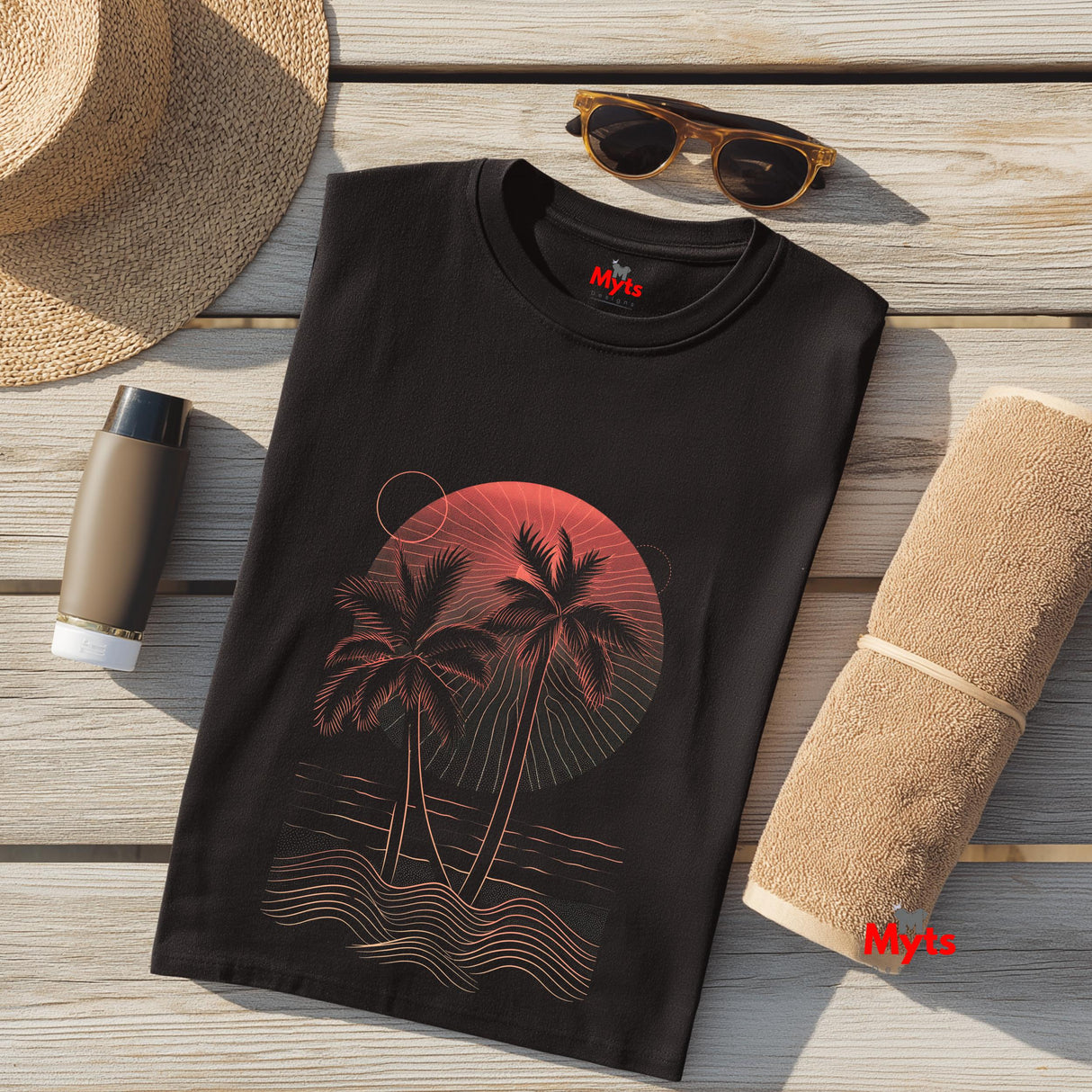 Black t-shirt with palm tree design, sunglasses, towel, and bottle on wooden surface