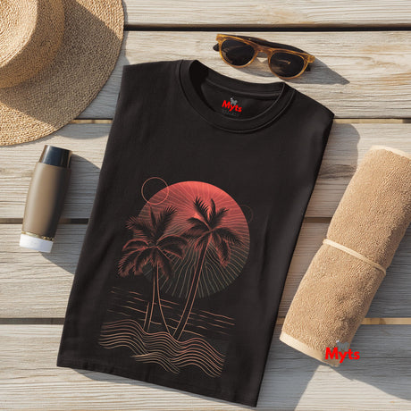 Black t-shirt with palm tree design, sunglasses, towel, and bottle on wooden surface