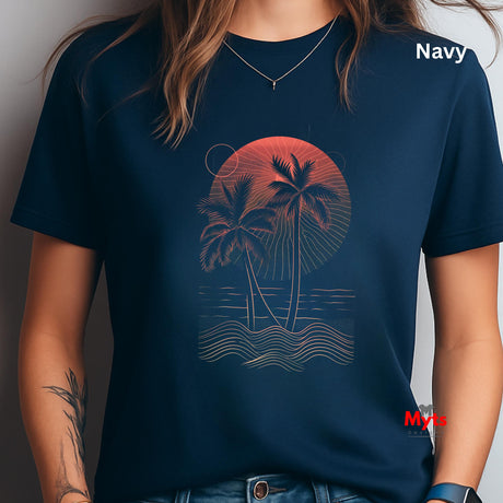 Navy t-shirt with palm tree design worn by a person