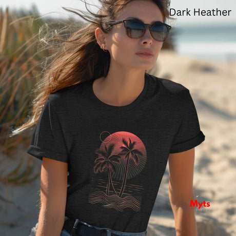 Woman wearing a black t-shirt with a palm tree design on a beach, with 'Myts' branding.