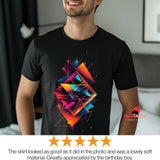 Modern Geometric Abstract T-Shirt | Vibrant Neon Prism Art | Unisex Cotton Black Tee
