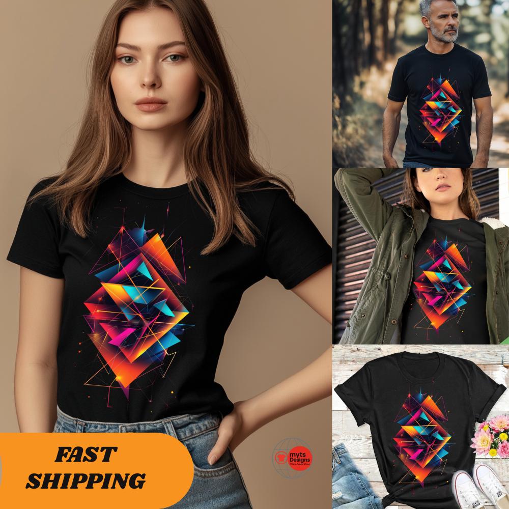 Modern Geometric Abstract T-Shirt | Vibrant Neon Prism Art | Unisex Cotton Black Tee