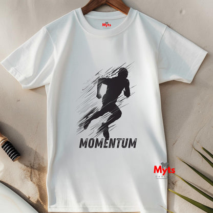 White t-shirt with black graphic and 'MOMENTUM' text on a neutral background