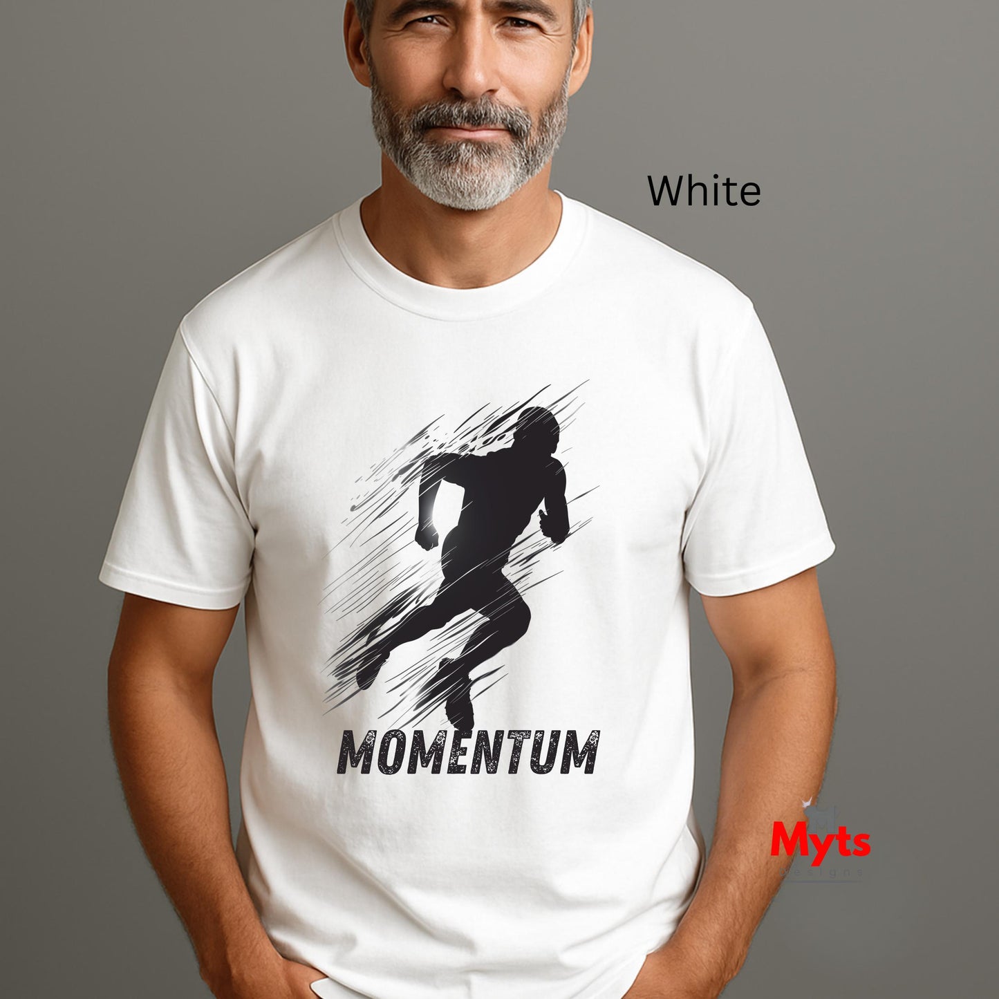 Man wearing a white t-shirt with a black graphic and 'MOMENTUM' text on a gray background