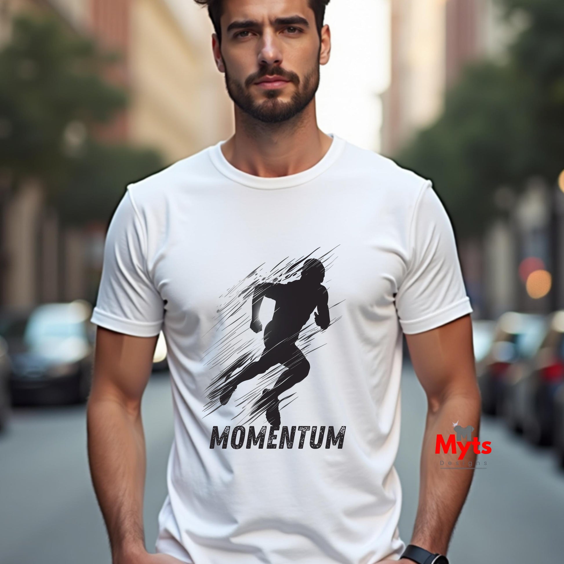 Man wearing a white t-shirt with a black graphic and 'MOMENTUM' text, standing on a city street.
