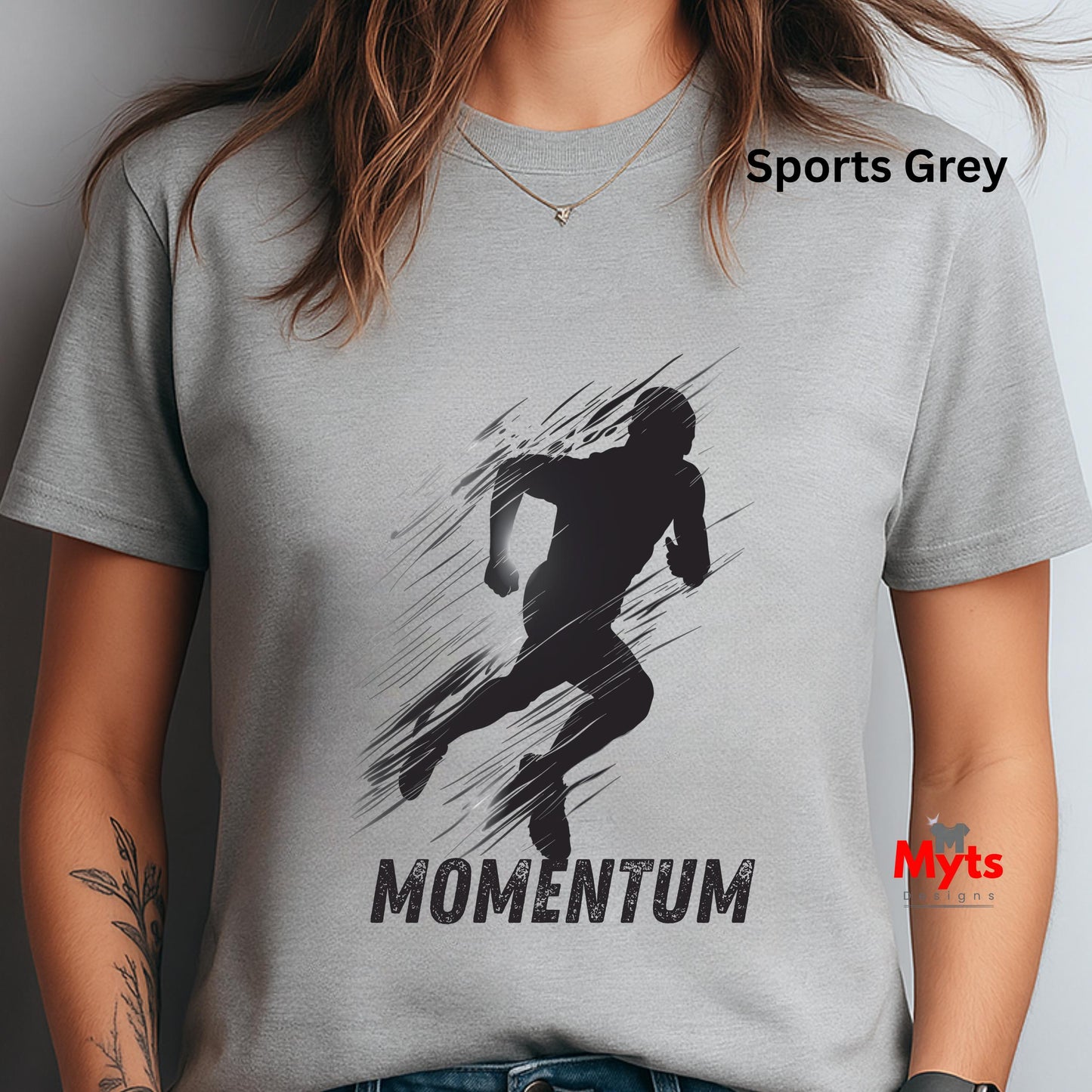 Person wearing a sports grey t-shirt with a black graphic and 'MOMENTUM' text.