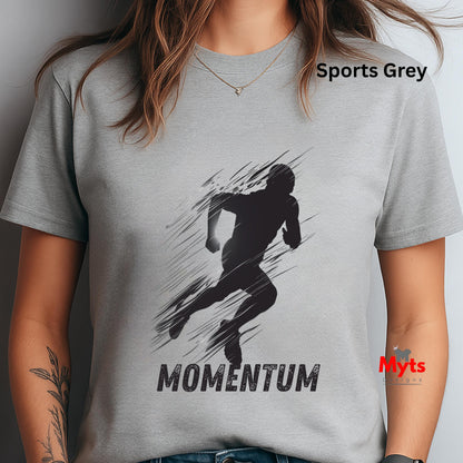 Person wearing a sports grey t-shirt with a black graphic and 'MOMENTUM' text.