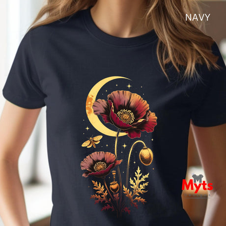 A person wearing a navy short-sleeve T-shirt with a large fantasy-style chest graphic featuring red poppy flowers, a gold crescent moon, stars, and a bee. The word "NAVY" appears in the top right, and a red "Myts" logo watermark is visible near the bottom right.
