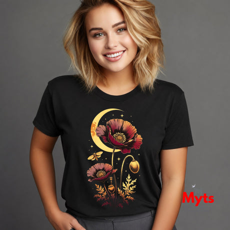 A smiling woman with blonde hair wears a black short-sleeve graphic T-shirt featuring a large red poppy flower, a gold crescent moon, and small gold stars on a gray studio background. A red 'Myts' watermark appears on the right side.