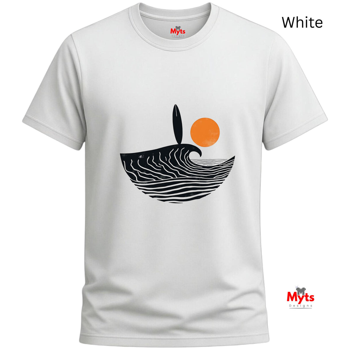 White t-shirt with a graphic design of a wave and sun on a white background