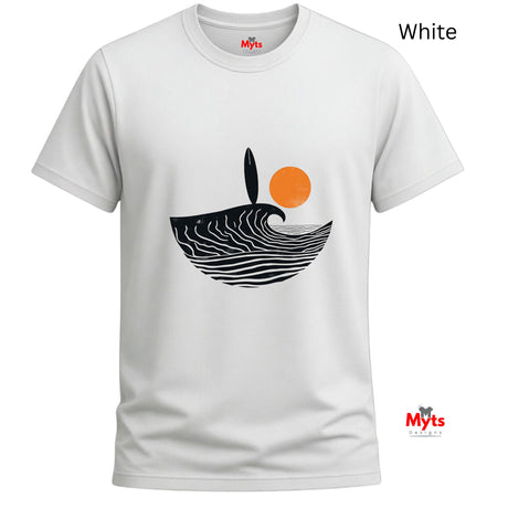 White t-shirt with a graphic design of a wave and sun on a white background