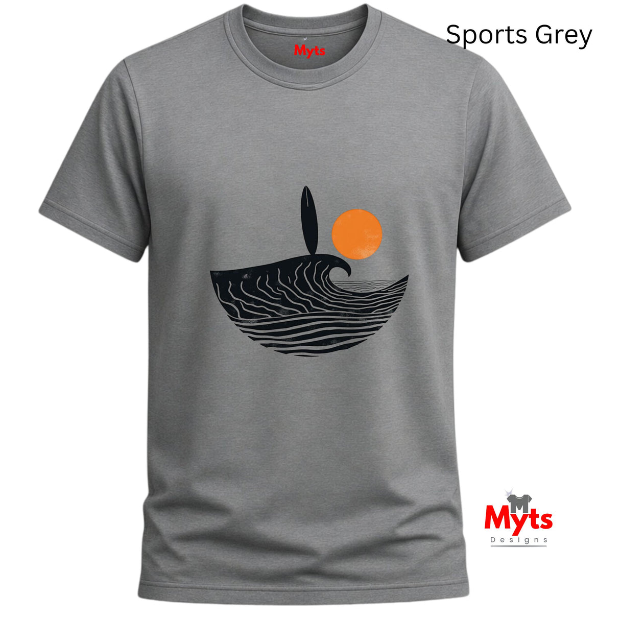 Gray t-shirt with a black and orange design on a white background