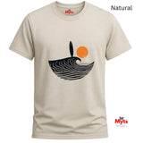 Natural t-shirt with a graphic design of a wave and sun on a white background