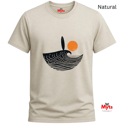 Natural t-shirt with a graphic design of a wave and sun on a white background