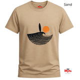 Sand t-shirt with a graphic design of a wave, sun, and abstract shapes on a white background.