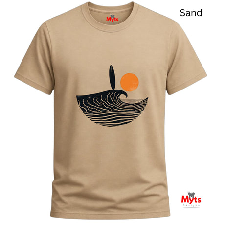 Sand t-shirt with a graphic design of a wave, sun, and abstract shapes on a white background.