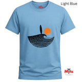 Light blue t-shirt with a graphic design of a wave and sun, branded 'Myts'.