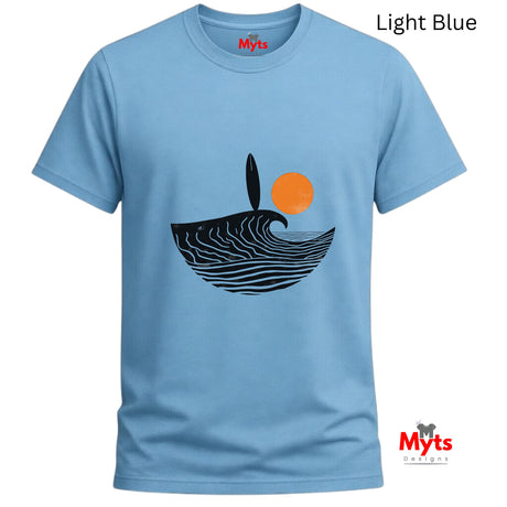 Light blue t-shirt with a graphic design of a wave and sun, branded 'Myts'.