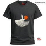 Dark Heather t-shirt with a graphic design of a wave and sun, branded 'Myts'.