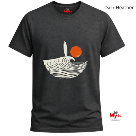 Dark Heather t-shirt with a graphic design of a wave and sun, branded 'Myts'.